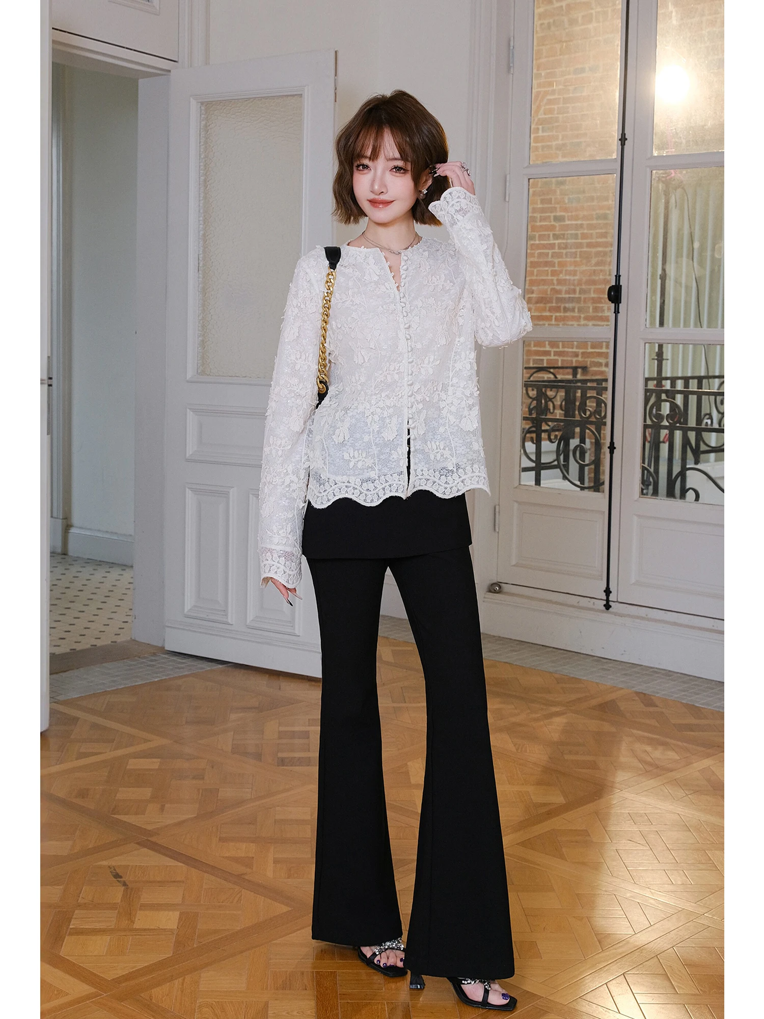 

MIUCO High Waist Flared Pants Women's Elegant Black Casual Trousers Slimming Bellovi Design Two-Piece Look Commute Series