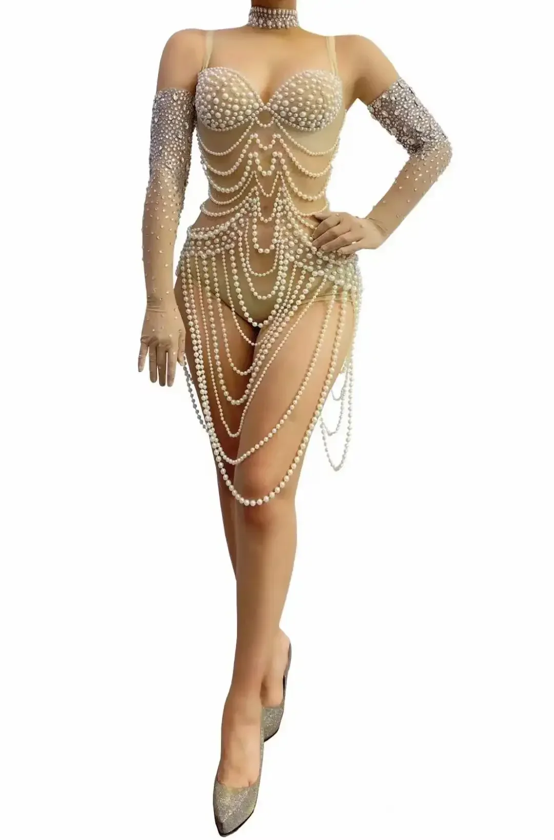 

With Rhinestone Gloves Sparkly Women Beaded Pearls Bodysuits Sexy Club Party Evening Birthday Costumes