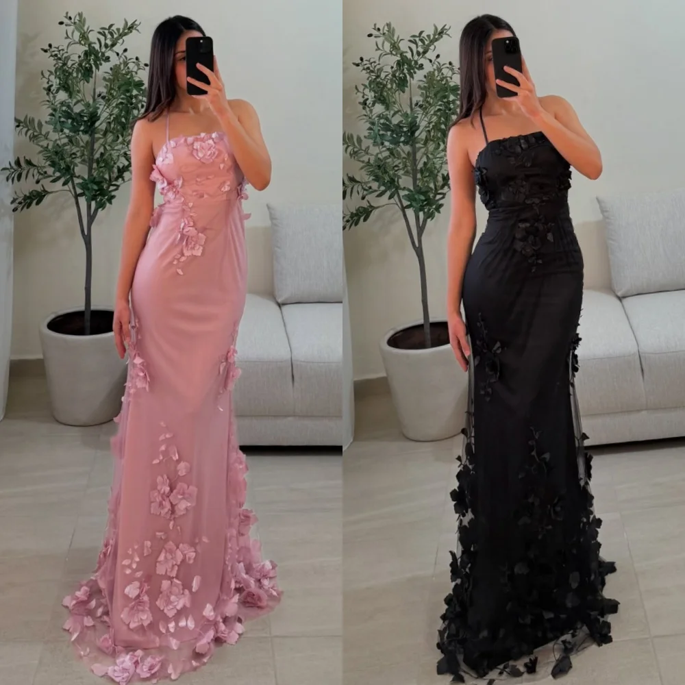 

Customized Sexy Exquisite Jersey Pleat Flower Straight Halter Long Dresses Bespoke Occasion Dresses Formal High Quality Classic