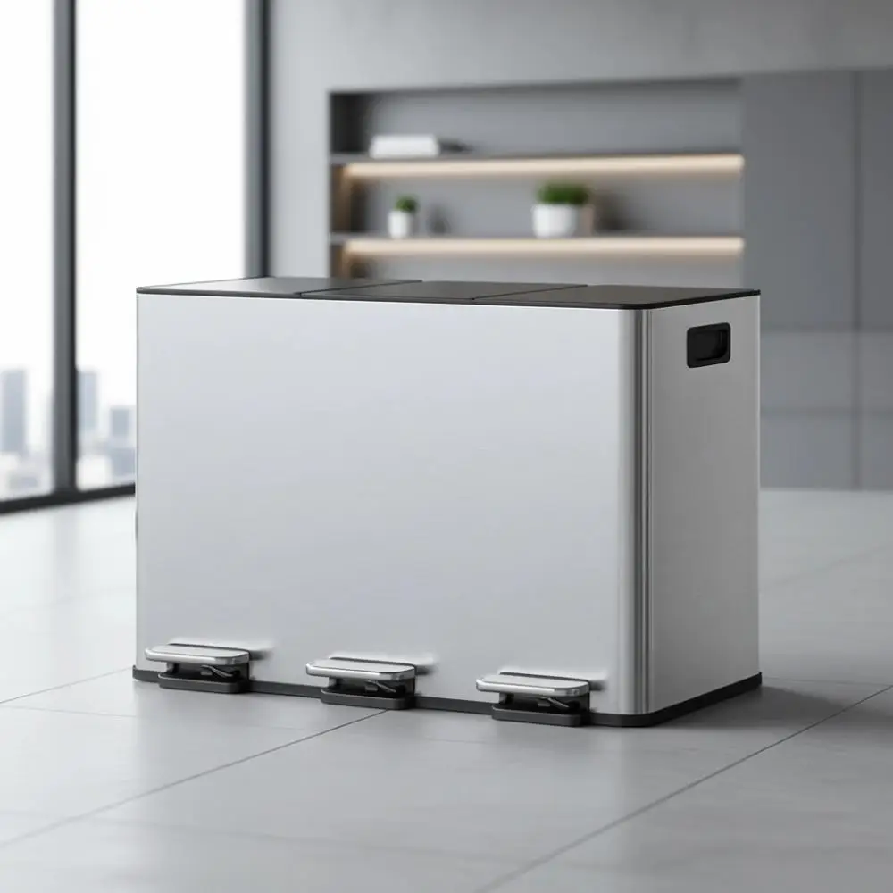 

Triple Compartment Stainless Steel Trash Can, 12 Gallon Total Capacity, Soft-Close Step Lid, Waste Sorting Bin, Silver