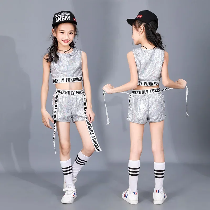 Silver Sparkly Children Modern Costumes Girls Boy Jazz Sequins Alphabet Band Hip Hop Street Stage Dance Wear F CMM221