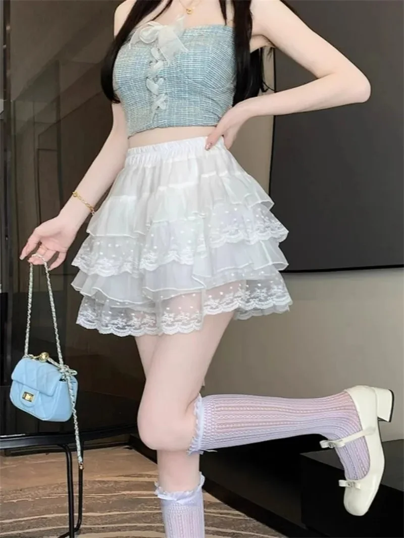 Elastic Gothic Lace Tutu Skirt Women Black Mesh Detail Petticoat Sexy Mini Tulle Skirts Party Club Wear Dancer