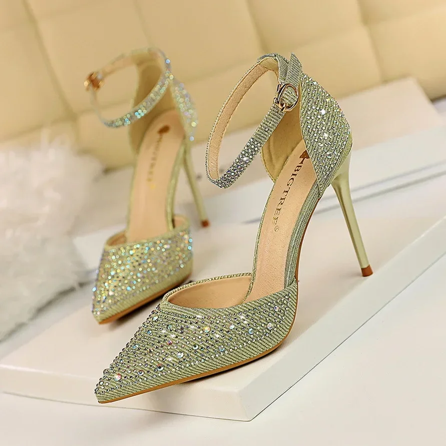 BIGTREE Shoes Shiny Rhinestones High Heels Ladies Shoes Women Pumps Stiletto Sweet Women Heels Wedding Shoes Women Sandals 10 Cm