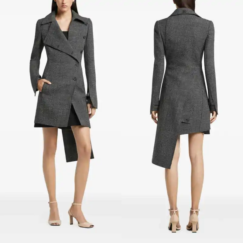 

Elegant Women's Wool Blend Overcoat 1 Piece Midi Length Single Breasted Peaked Lapel Coat Formal Business Occasion Customized