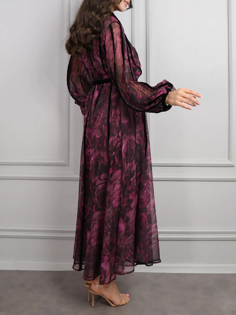 VGH – robe longue Vintage à imprimé Floral pour femmes, manches lanternes à revers, taille haute, Patchwork, maille transparente, nouvelle tendance