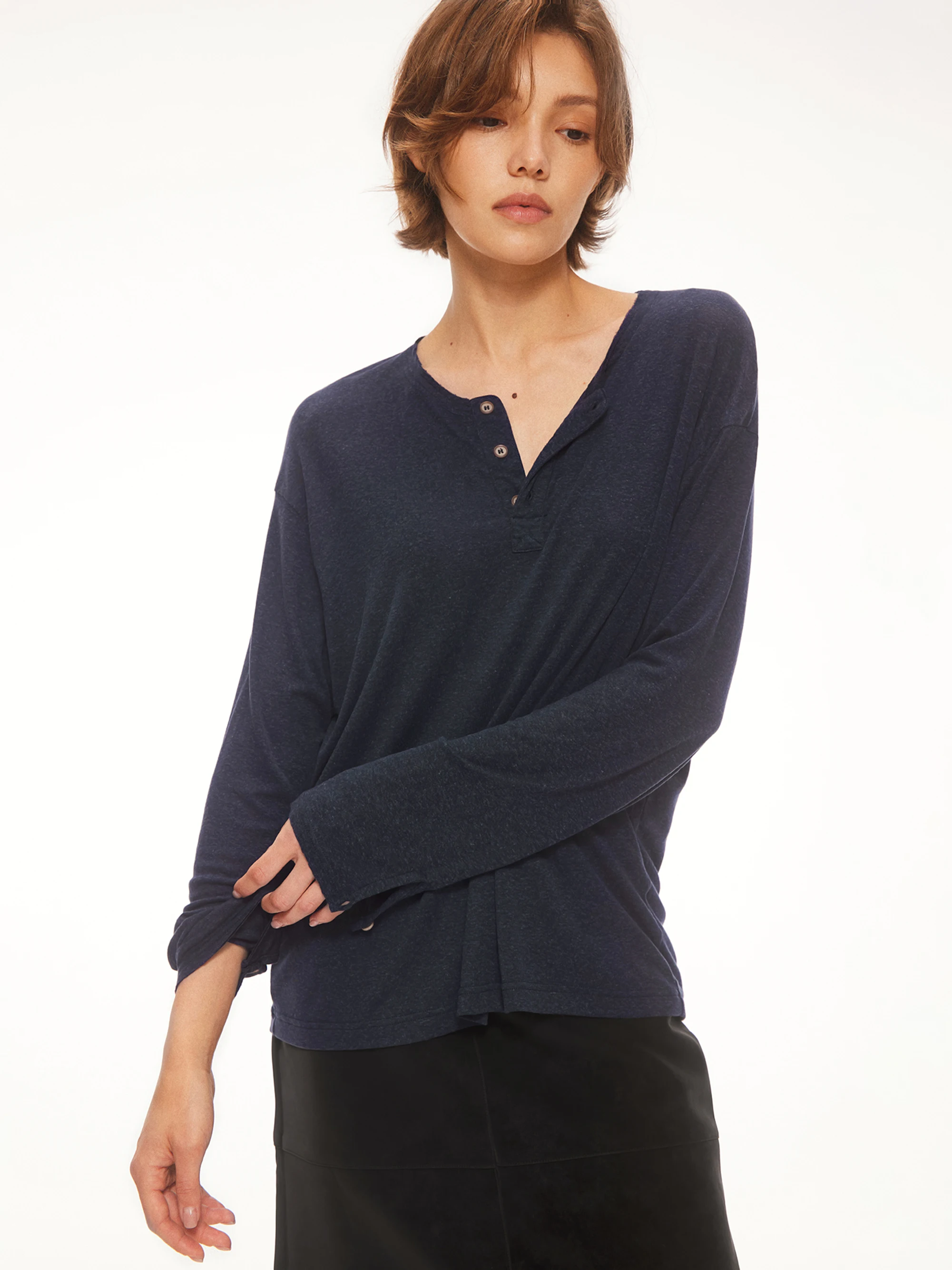 AHNKANK Autumn New Loose Henry Collar Long Sleeve T-Shirt Women's Casual Style Cotton Blend Comfortable Lazy Top