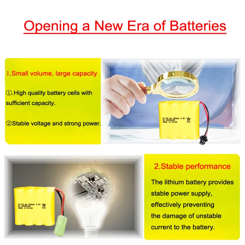 بطارية AA قابلة للشحن لسيارة لعبة التحكم عن بعد ، Ni-CD ، كابل شحن USB ، JST-2P ، 4.8 فولت ، 300 مللي أمبير