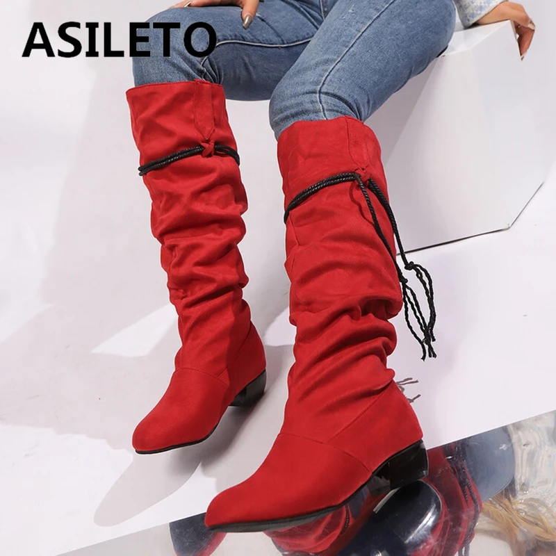 ASILETO 2024 New Women Knee Boots 3cm Square Heel Pleated Round Toe Flock Suede Black Red Apricot Casual Big Size 44 45 46 47