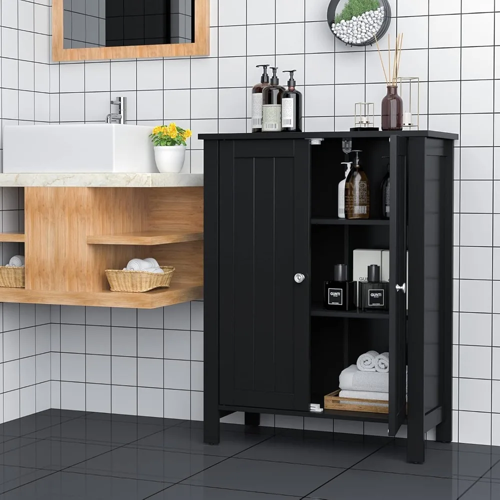 Bathroom Floor Cabinet, 3 Tier Storage Cabinet with Double Door & Adjustable Shelf, Wooden Bathroom Cabinet for Home Office