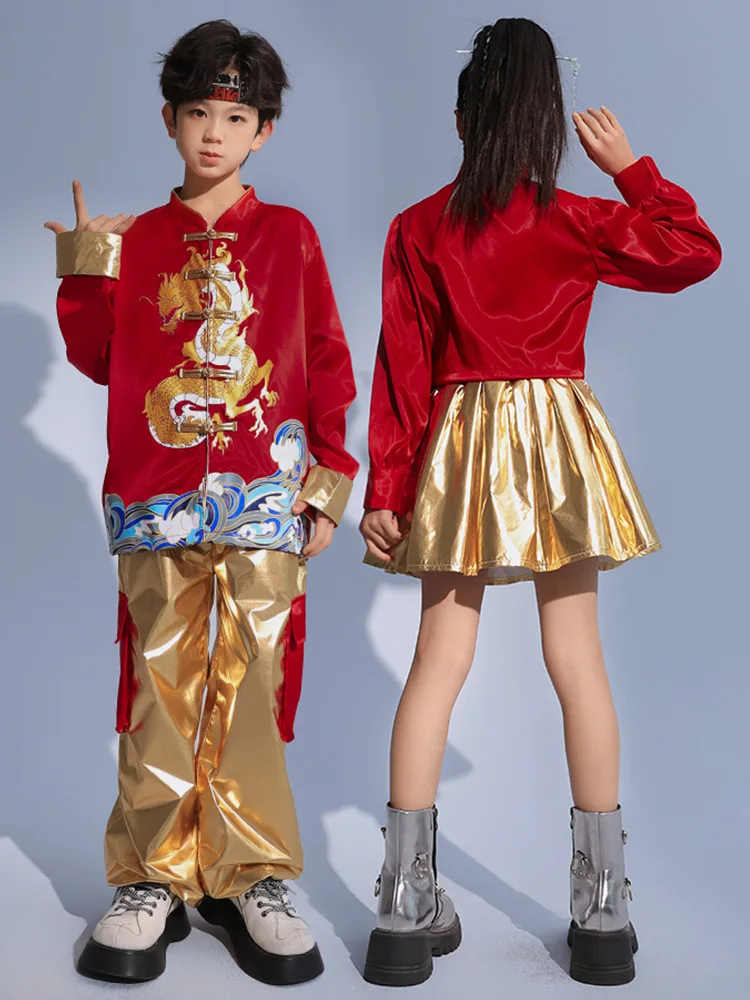 Vêtements Hip Hop pour garçons et filles, mini jupe plissée pour enfants, costume de danse rouge, dragon chinois, bouton grenouille, pantalon en Y doré