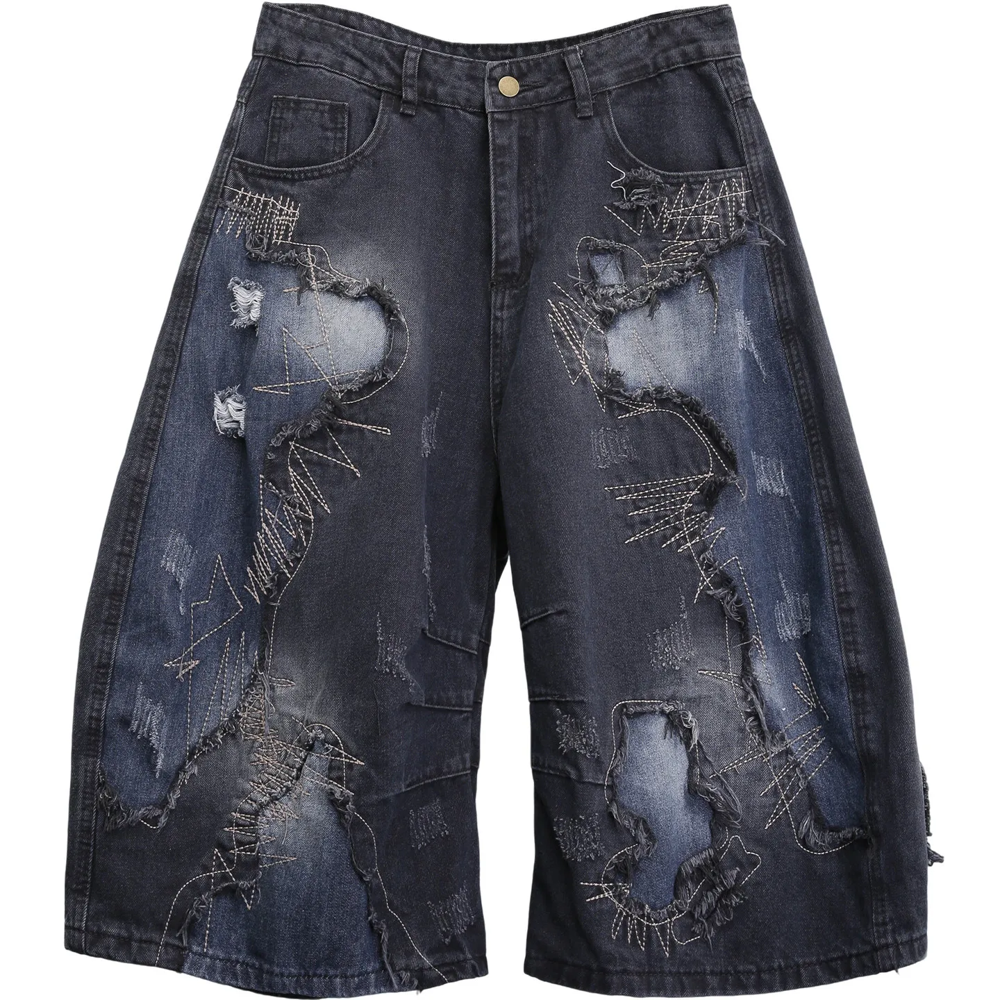 Designer Wasteland  Patch Washed and Worn Stitching Embroidered Frayed Hem Machete Jeans Loose Cropped Wide Leg Pants