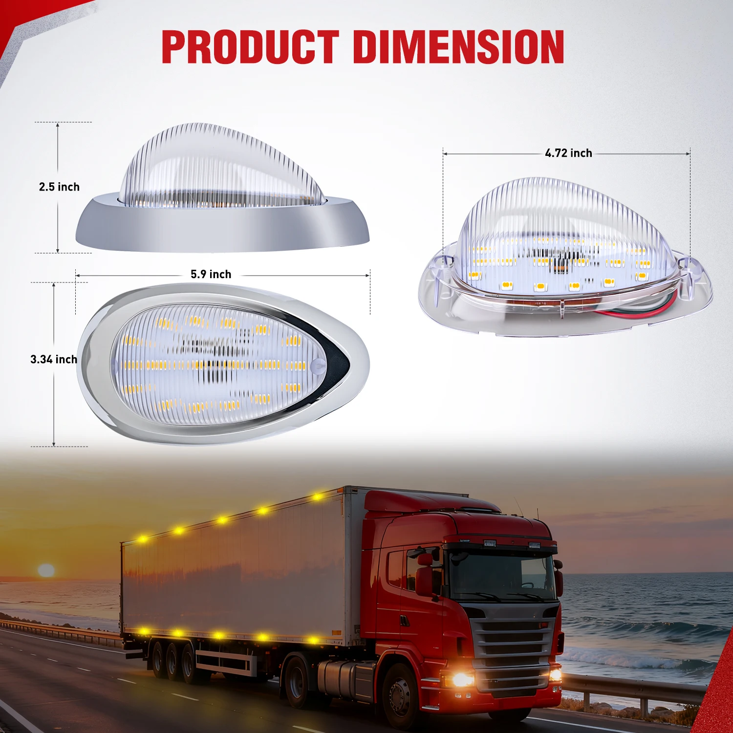 Nilight 2PCS 6 Inch Amber Teardrop Oval Side Marker Lights with Turn Signal 18 LED Clear Lens Chrome Housing IP67 Waterproof Universal Surface Mount Lamp for Freightliner Trucks Trailers Sleeper Cab