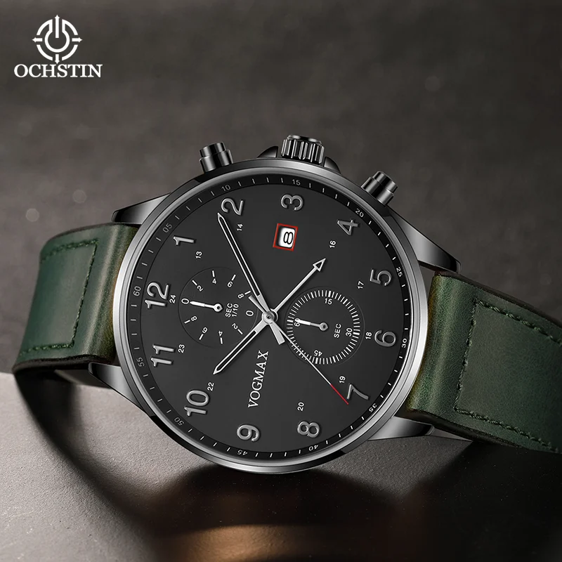 OCHSTIN Men’s Multi-Function Quartz Watch Man Genuine Leather Strap Mineral Hardened Glass Daily Waterproof Male Wristwatch