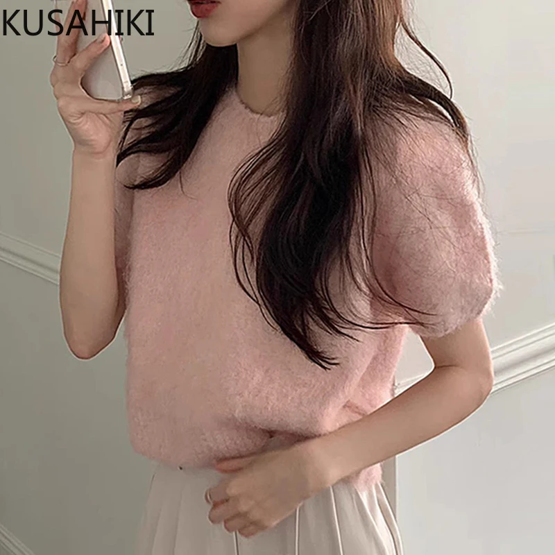 KUSAHIKI Korea Chic Autumn O-neck Short Sleeve Knitted Sweaters Causal Fashion Solid Spring Autumn New Pullover Knitwear Tops