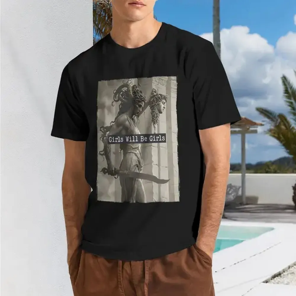 Camiseta inspirada en la mitología con la frase "Las chicas son niñas" y figura de Medusa, manga corta, cuello redondo, estilo rock informal, 100% algodón, talla grande