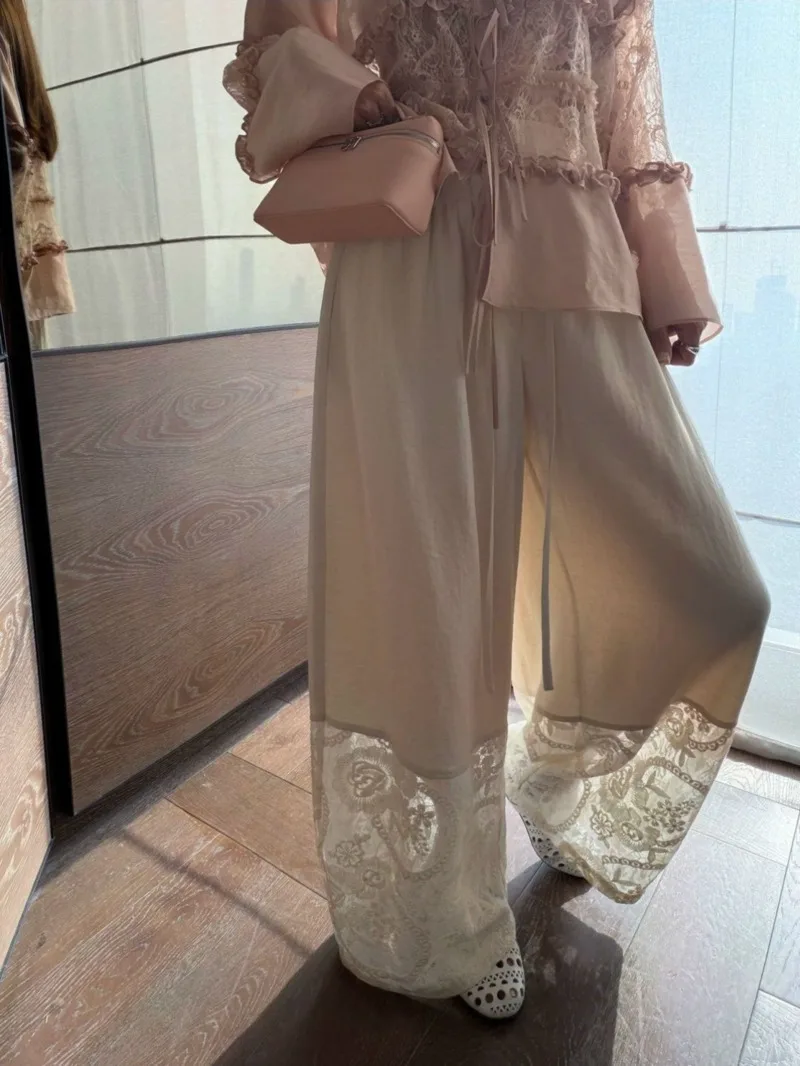 

New Summer French Casual Wide Leg Pants Women Fashion White Lace Splice High Waist Office Lady Long Trousers Women's Clothing