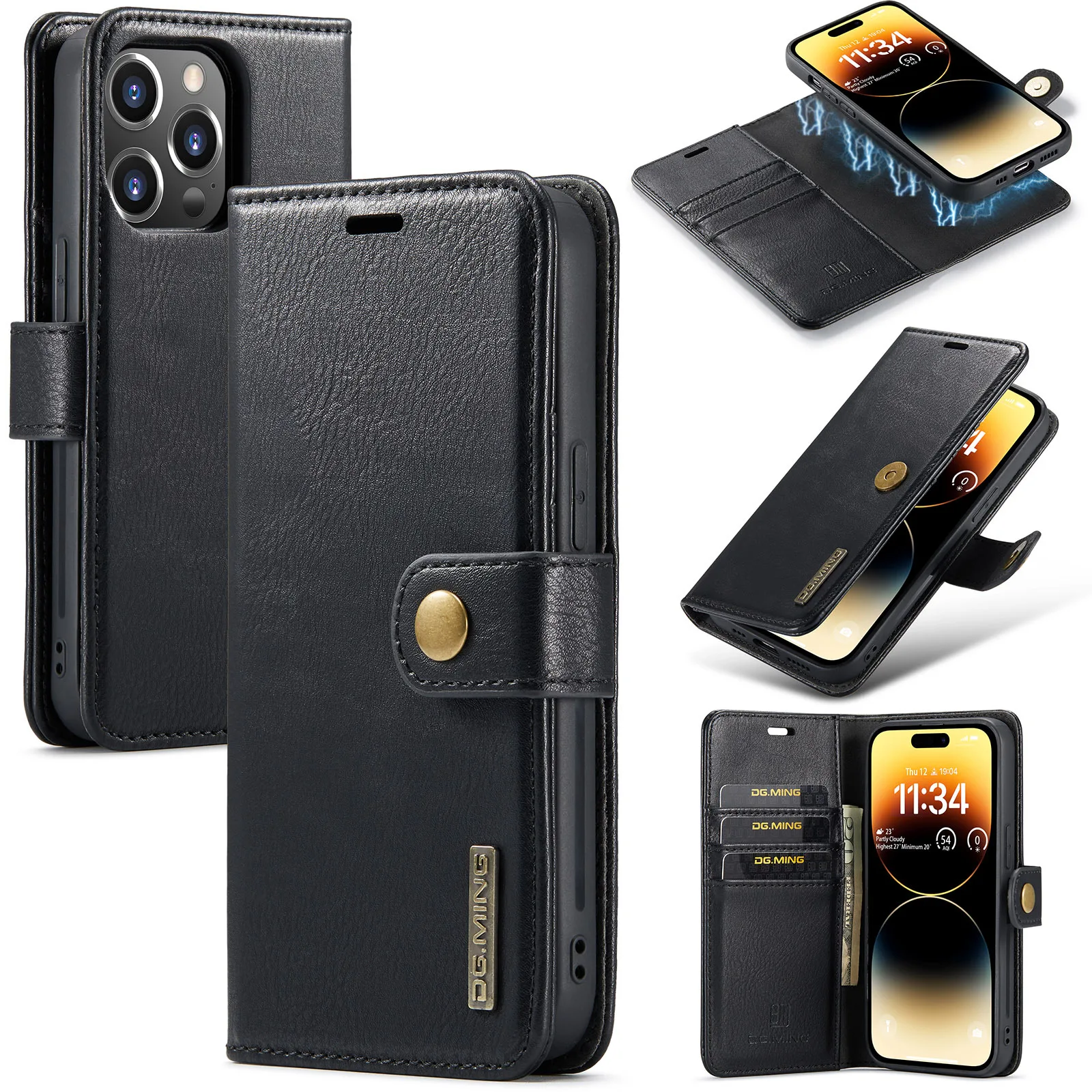 2-in-1 afneembare leren hoes voor iPhone 11 12 13 14 15 16 17 Pro Max Mini X XR 6 7 8 Plus SE met magnetische kaarthouder en portemonnee