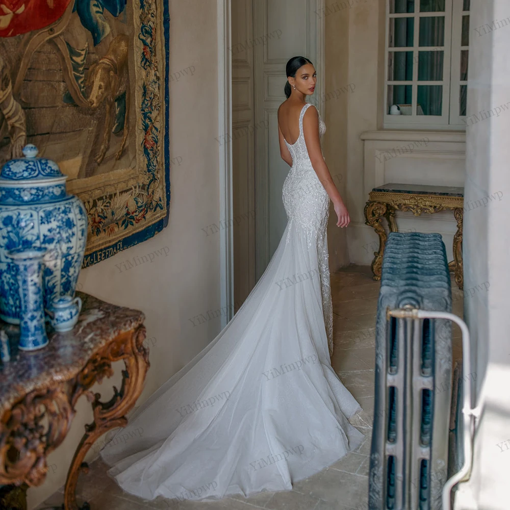 Vestidos De novia De sirena con tirantes finos con tren desmontable Vestido De novia De lujo Sereia bata con cuentas Mariage personalizado