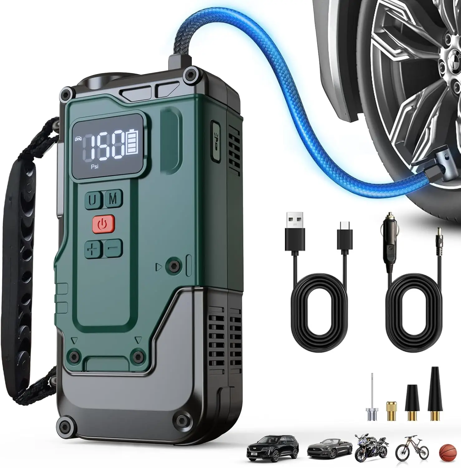 

Portable Air Compressor: 8000mAh & 12V Dual Power, Fast Inflation to 150 PSI for Cars, Bikes, Balls with Gauge and Light