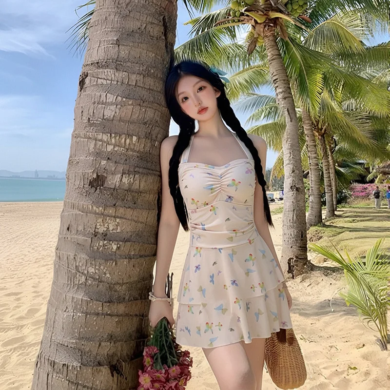 Women's One Piece Swimdress Light Pink Butterfly Print Halter Ruched Bust Tiered Ruffle Skirt Summer Beach Bathing Suit Swimwear