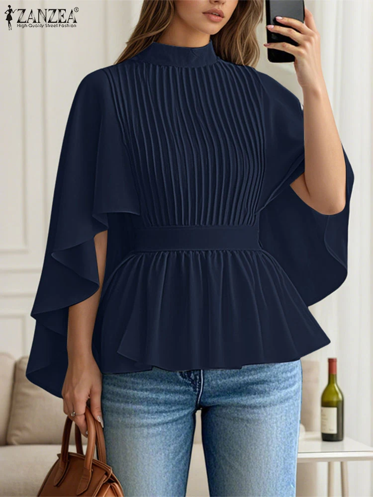 ZANZEA Fashion Blouse Women 3/4 Sleeve Ruffled Tops 2025 Autumn Stand Collar Pleated Elegant Office Lady Shirts Korean Solid Top
