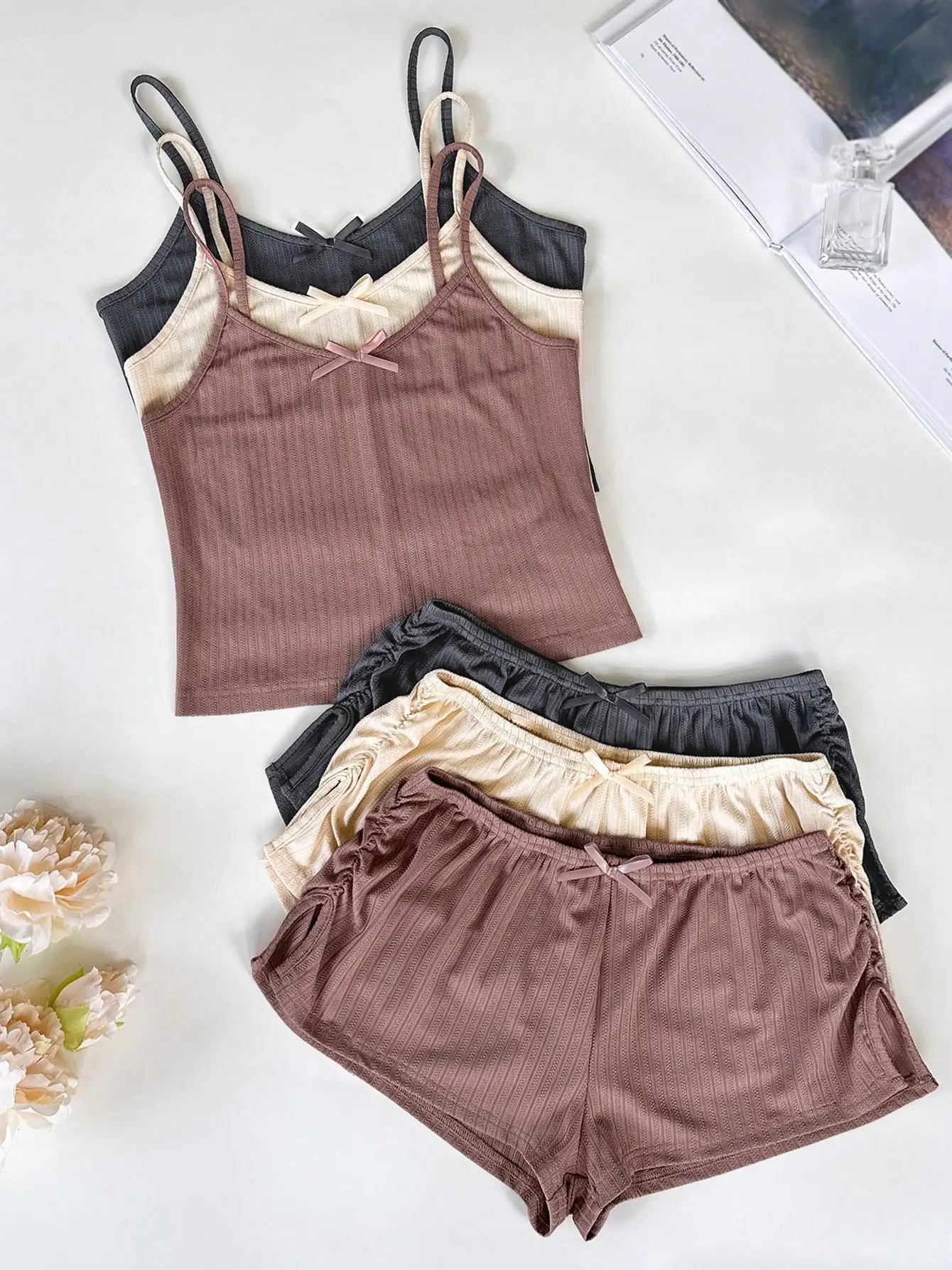 

6-Piece Women's Ribbed Sleepwear Set with Bow Detail - Soft Lounge Pajamas