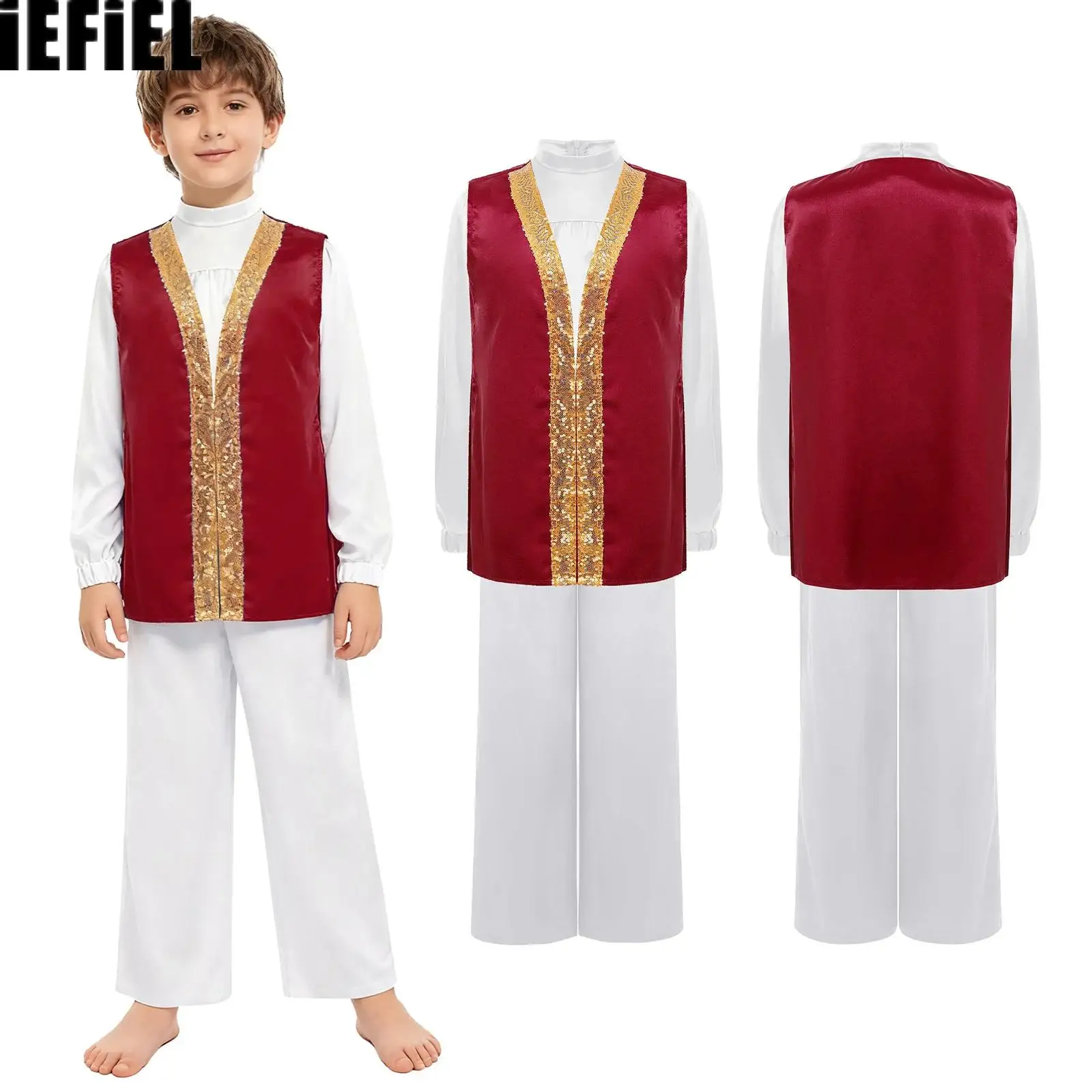 

Kids Boys Praise Satin Outfit Contrast Color Dance Outfit Invisible Zipper Top with Wide-Leg Pants And Sides Split Sequins Robe