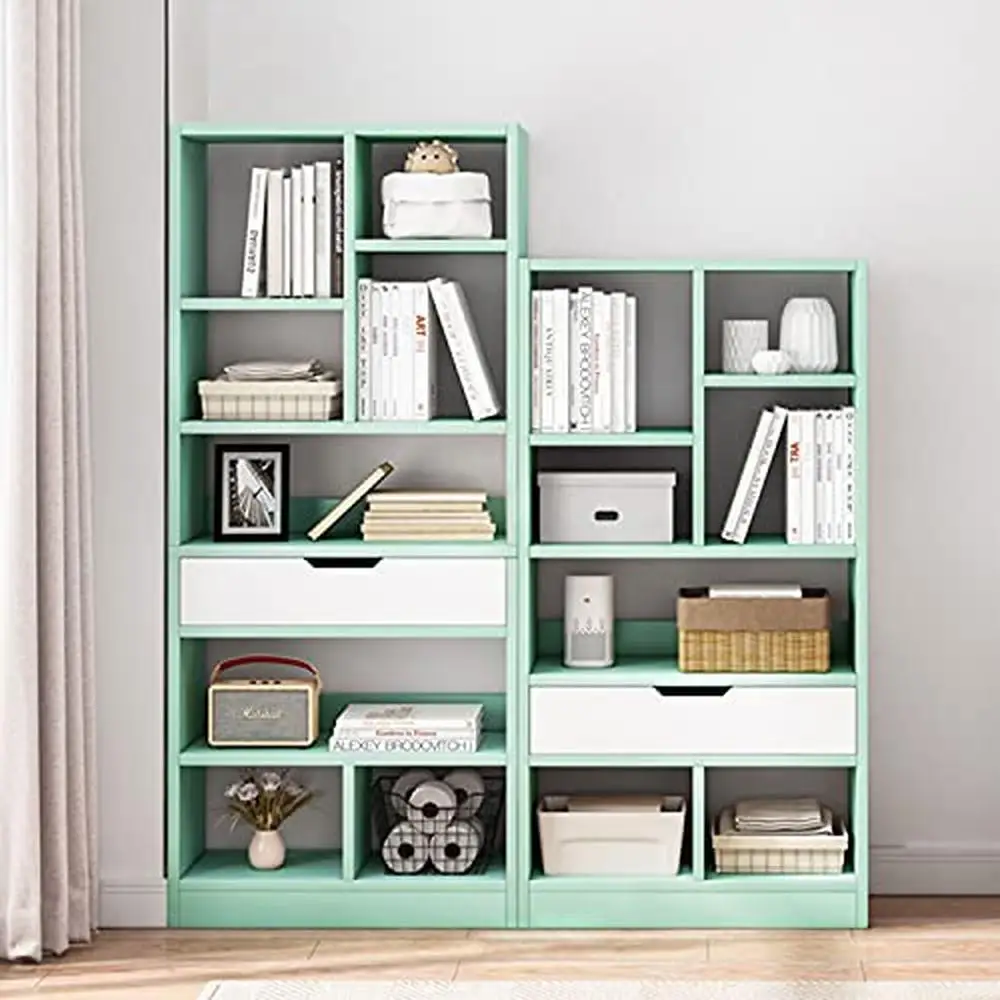 Minimalist 61" Tall Wooden Open Shelf Bookcase with 8 Cubes and Drawer Storage