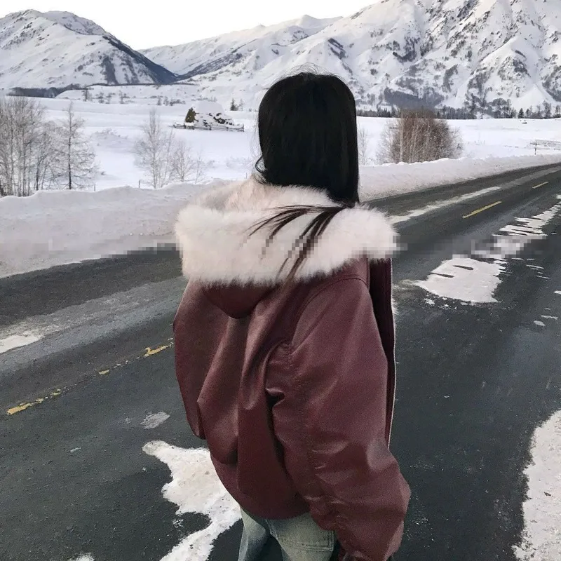 امرأة كبيرة فو الثعلب الفراء مقنعين طوق فو سترة جلدية سميكة فرو المنك تقسم بولي Coat معطف القطن اصطف سحابات سترة القمم