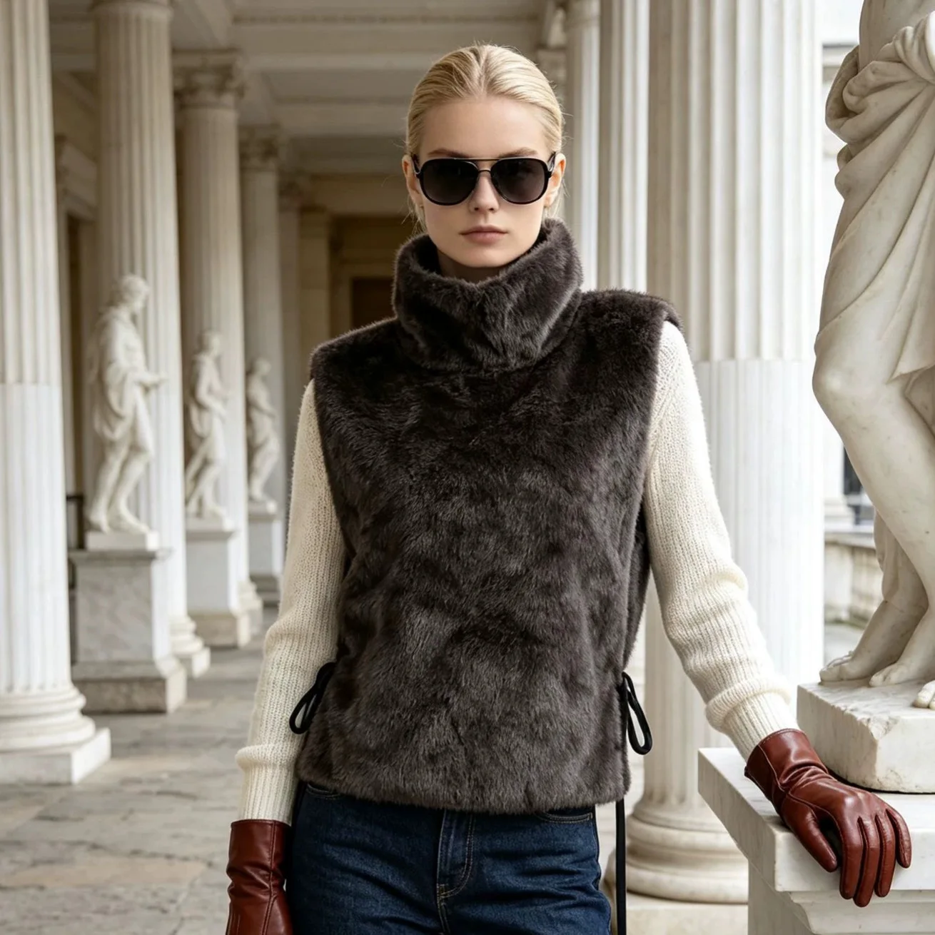 Faux Fur Women Vest Coats Jackets Stand Collar Sleeveless Coat Thick Warm Y2k Streetwear Jacket Elegant Outerwear Autumn Winter