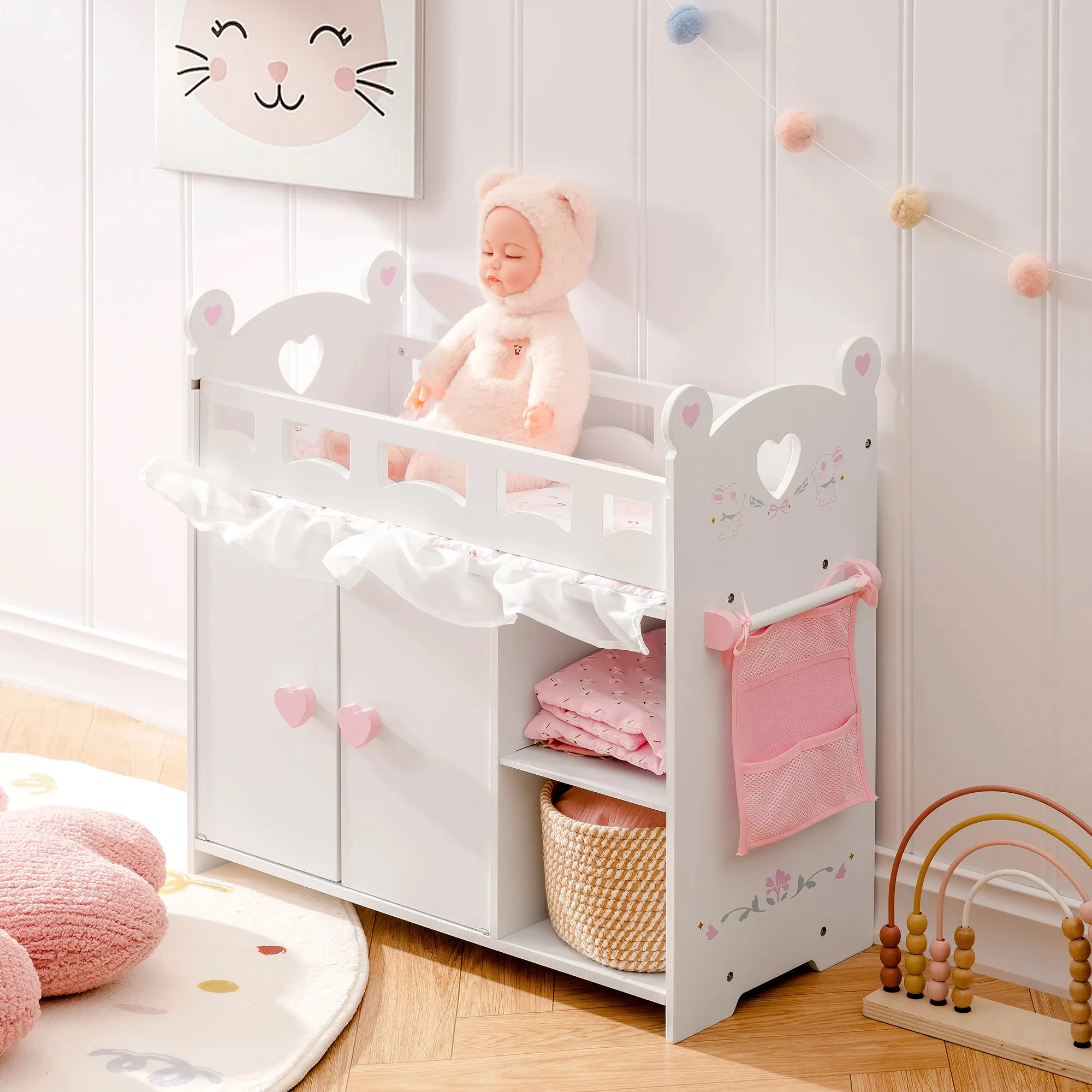 

ROBUD Baby Doll Crib Rabbit Wooden Doll Bed Toy with Storage BeddingDoll Crib Fits Dolls within 21" Doll Furniture for Girls 3+