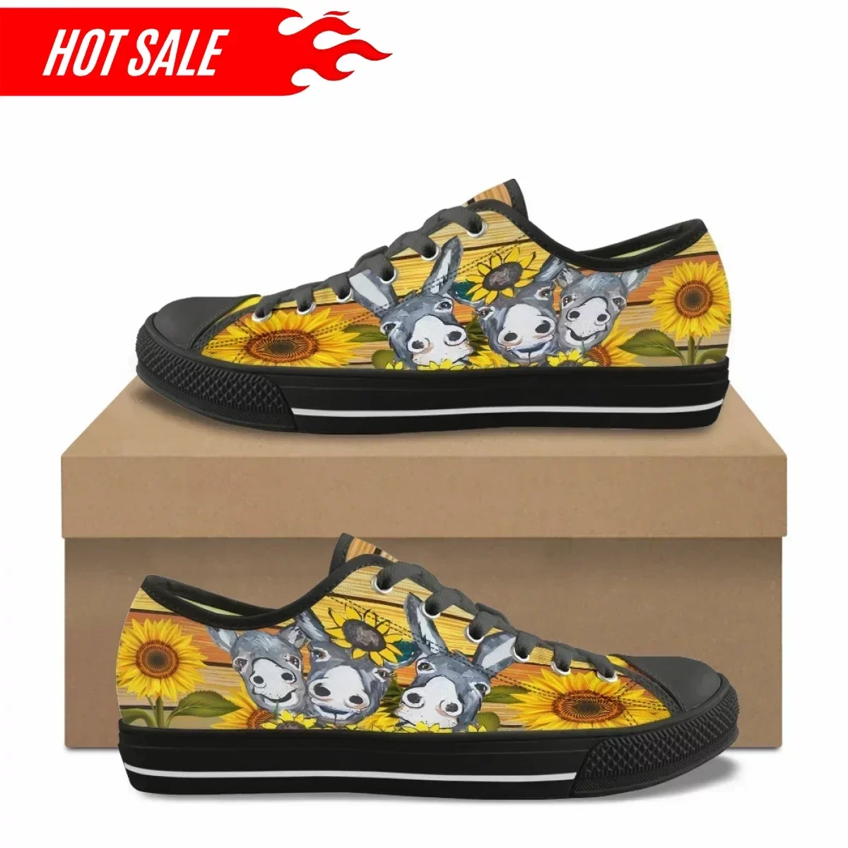 

Fashion Hot Farm Donkey Sunflower Pattern Print Women's Casual Flat Shoes Classic Canvas Shoes Outdoor Sports Low Top Sneakers