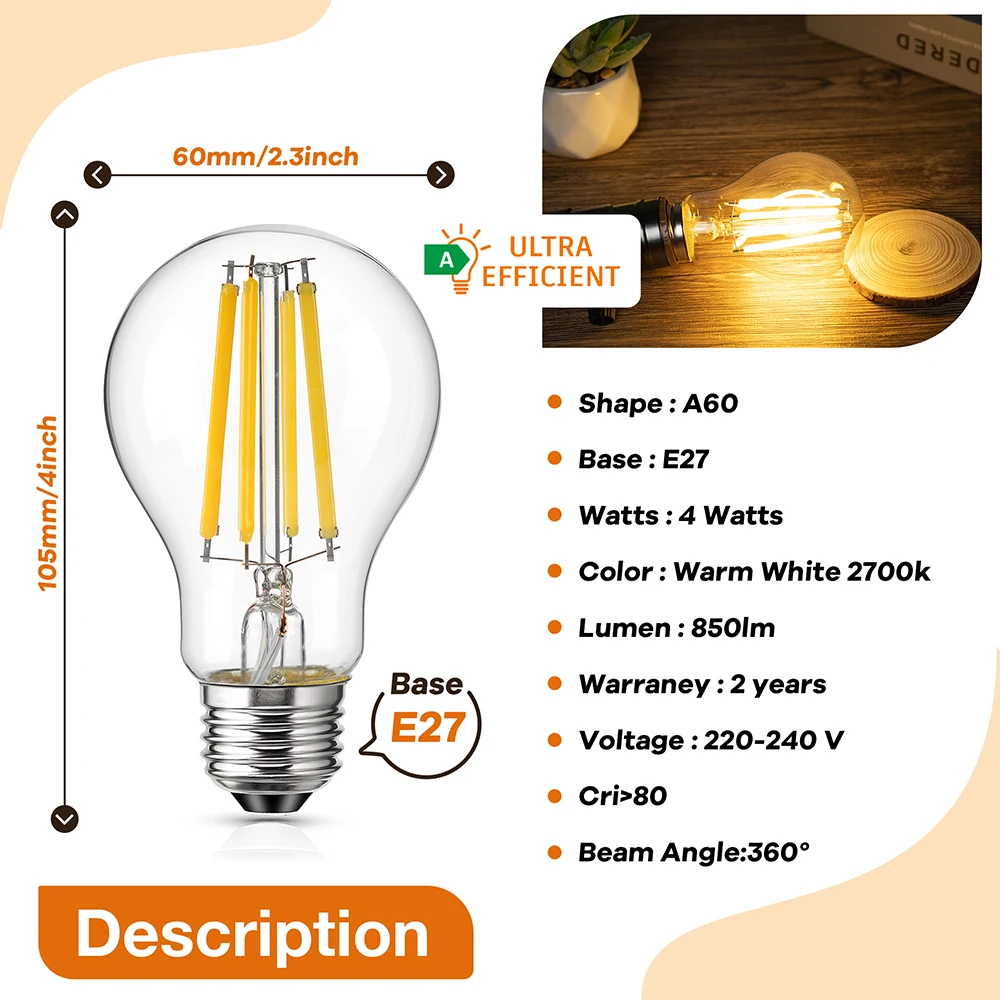 E27หลอดไฟเอดิสัน LED วินเทจที่มีประสิทธิภาพสูง A19 220V หลอดไฟ LED ไส้หลอดไฟ85W 850ลูเมนเทียบเท่าหลอดไส้