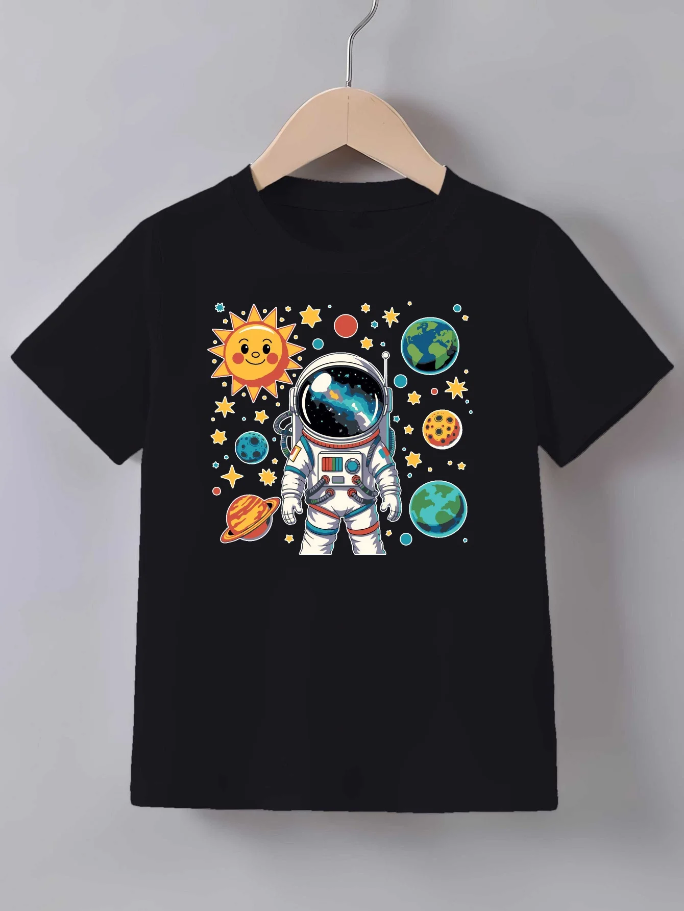 Astronaut Space Planet Cartoon Print T Shirt Family Matching Outfit Boys Girls Kids Short Sleeve Universe Children Daily Tees