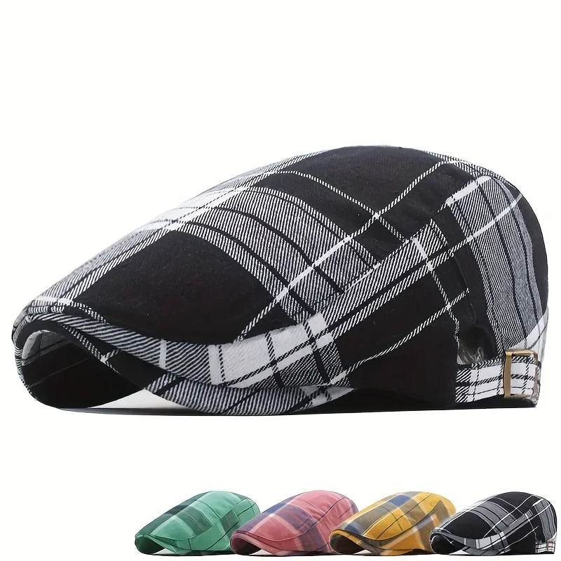 Men's Plaid Pattern Flat Cap Newsboy Hat Women Beret Cabbie Gatsby Cap