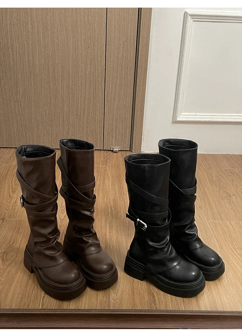 Vintage Damenstiefel mit Dickem Absatz, Modische Slip-On Kniestiefel für Herbst und Winter, Zapatos De Mujer – Detail 12