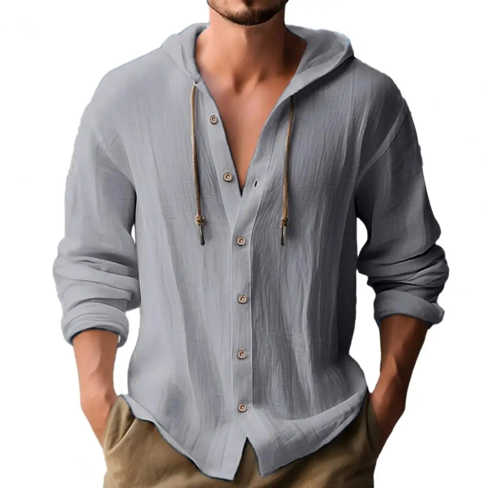 Men Hooded Drawstring Shirt Top Solid Color Button Closure Long Sleeve Quick Dry Casual T-Shirt Streetwear