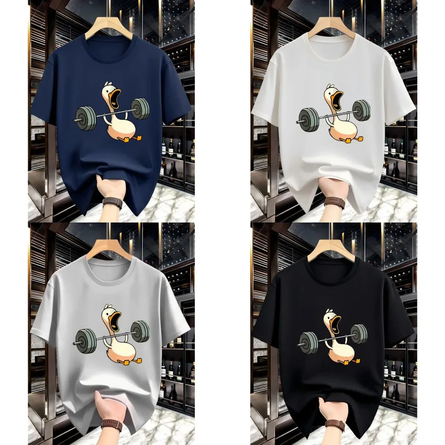 

【Хорошее качество】Мужская футболка свободного кроя с круглым вырезом и принтом в мультяшном стиле с изображением белой утки, для тяжелой атлетики, повседневная.