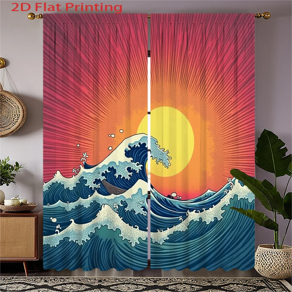 2D Flat, 2 Panels Semi-Sheer Ocean Wave Curtain Panels - Sunrise & Wave Pattern Window Drapes, Filtering Sheers Suitable for