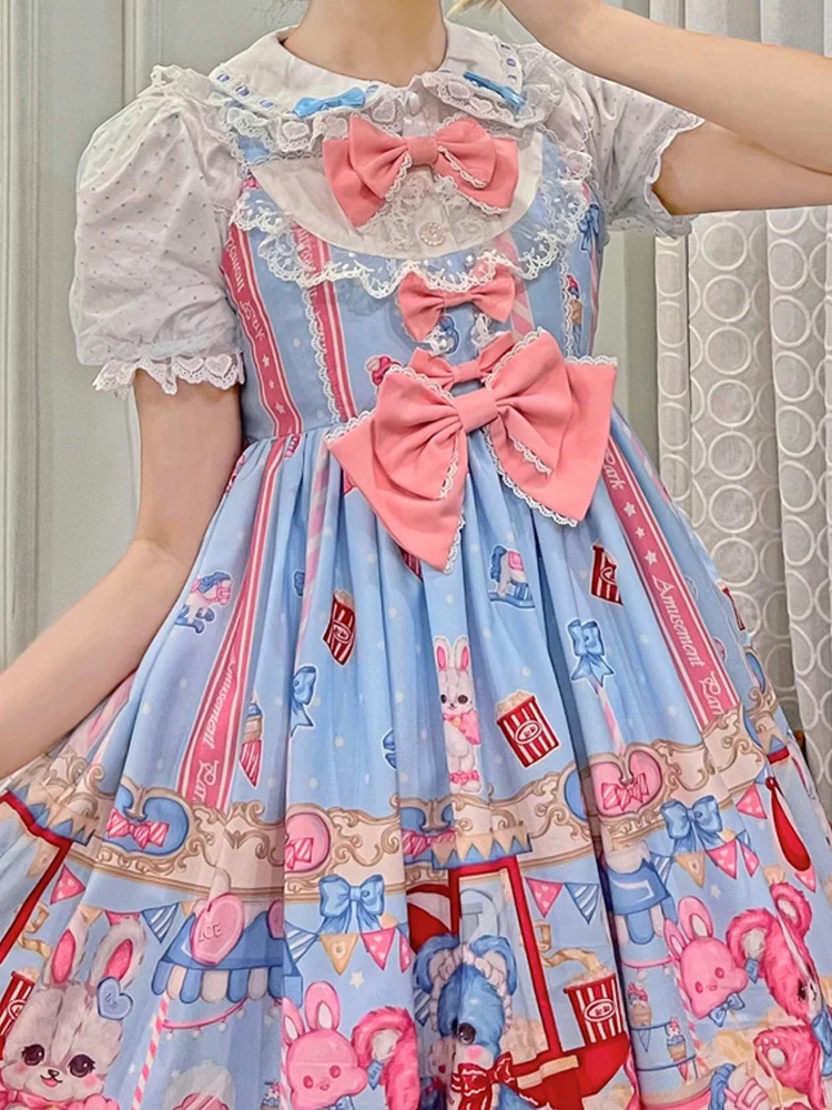 KIMOKOKM Kawaii Lolita Lovely Princess Style Dress Square Collar Bow Lace Ruffle Sleeveless Sweet Cartoon Printing Camisole Dres