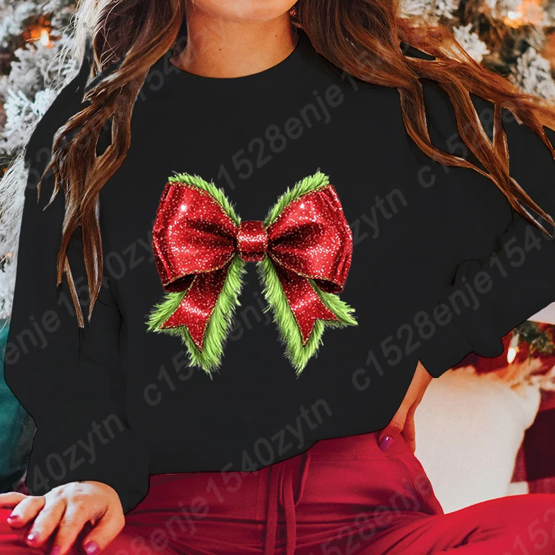 

Fashion Christmas Bow Print Pullover Funny Autumn Winter Creative Personalized Tops Ladies Casual Sweatshirt Crew Neck Pullovers