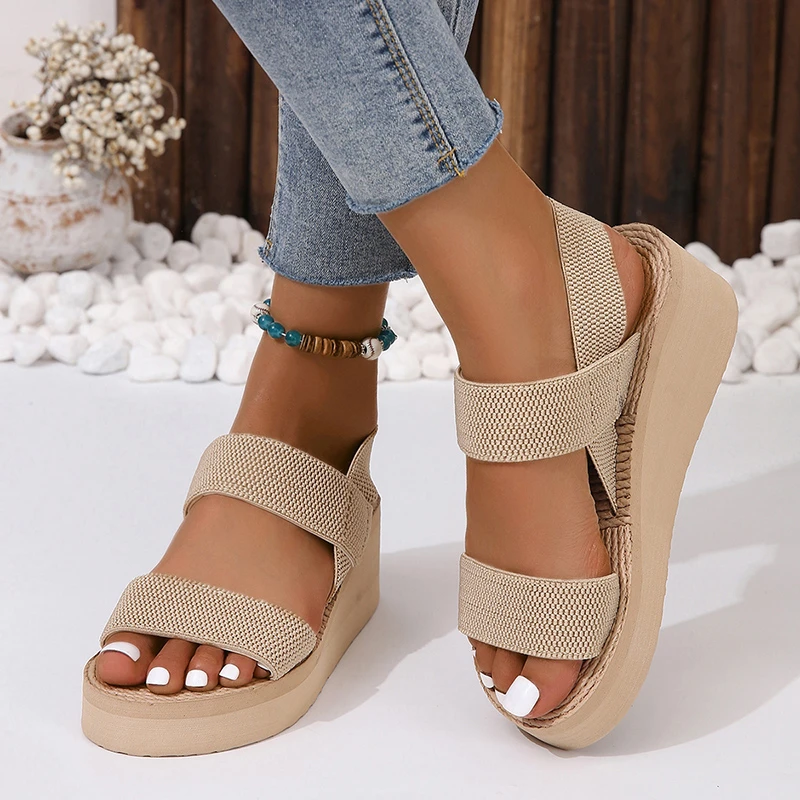 

Summer Comfortable Women Platform Wedge Sandals Elastic Ankle Strap Woven Non-Slip Soft Sole Daily Beach Outdoor Casual Shoes