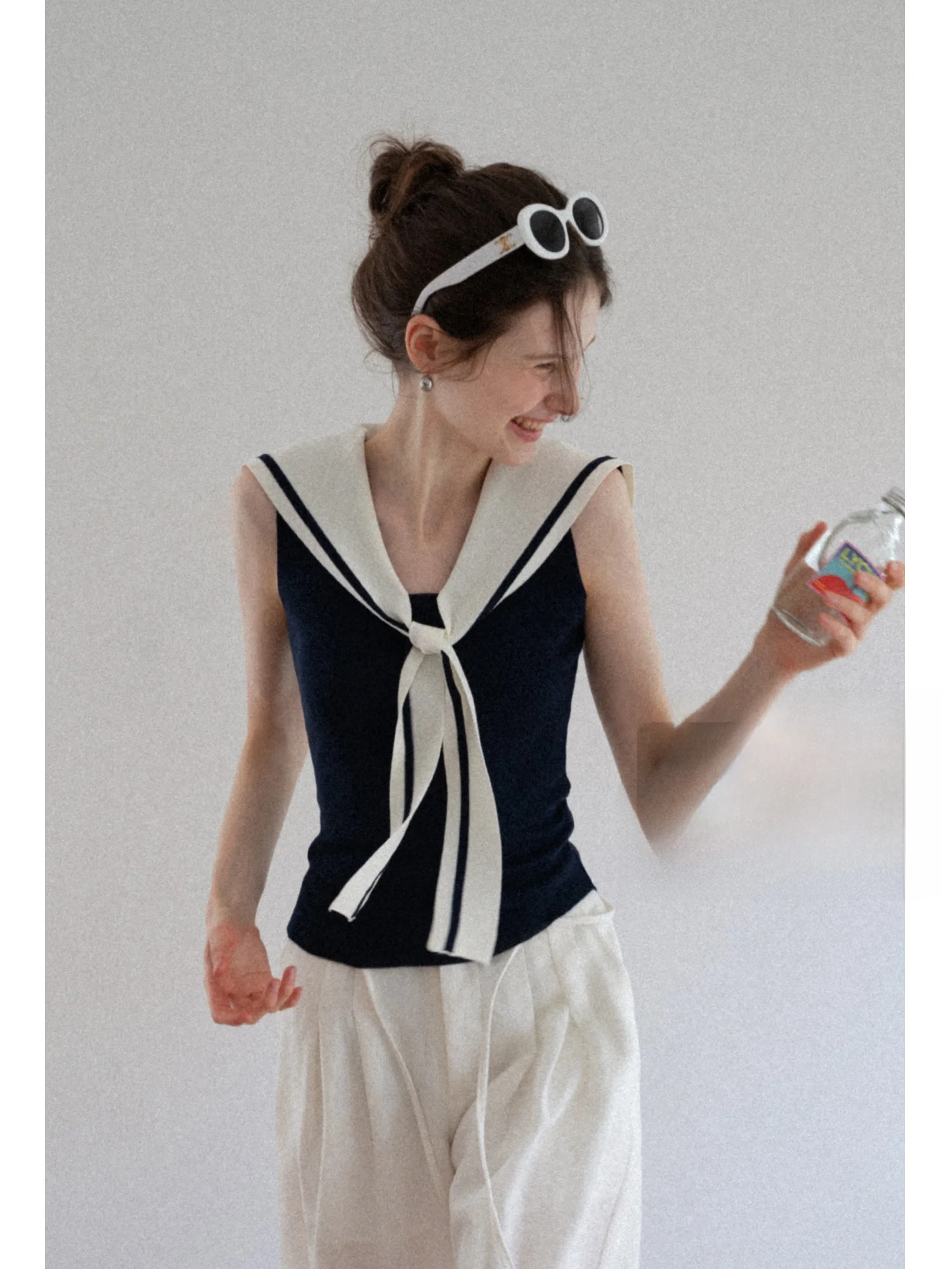 

Sweet Sle Navy Collar Knitted Vest Women's Summer Slim Fit Svel Top with Sa EGGKA Polyester Blend ort Length