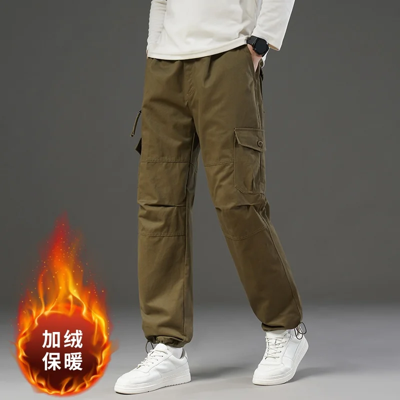 Autumn and Winter Fashion Solid Color Fleece Lined Warm Multi-Pocket Cargo Pants Men's Casual Loose Sports High Quality Pants