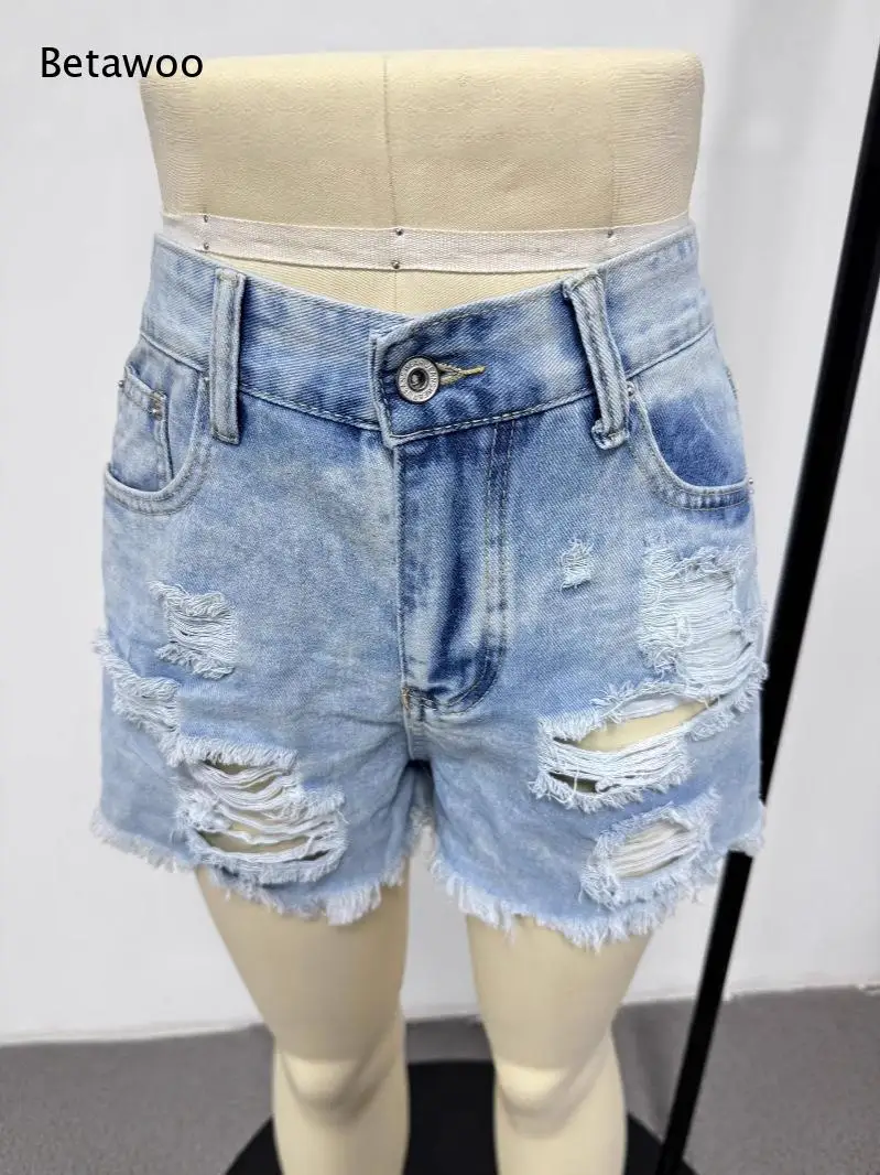 Women Light Wash Ripped Denim Shorts High Waist Frayed Raw Hem Pocket Casual Summer Jean Hot Pants