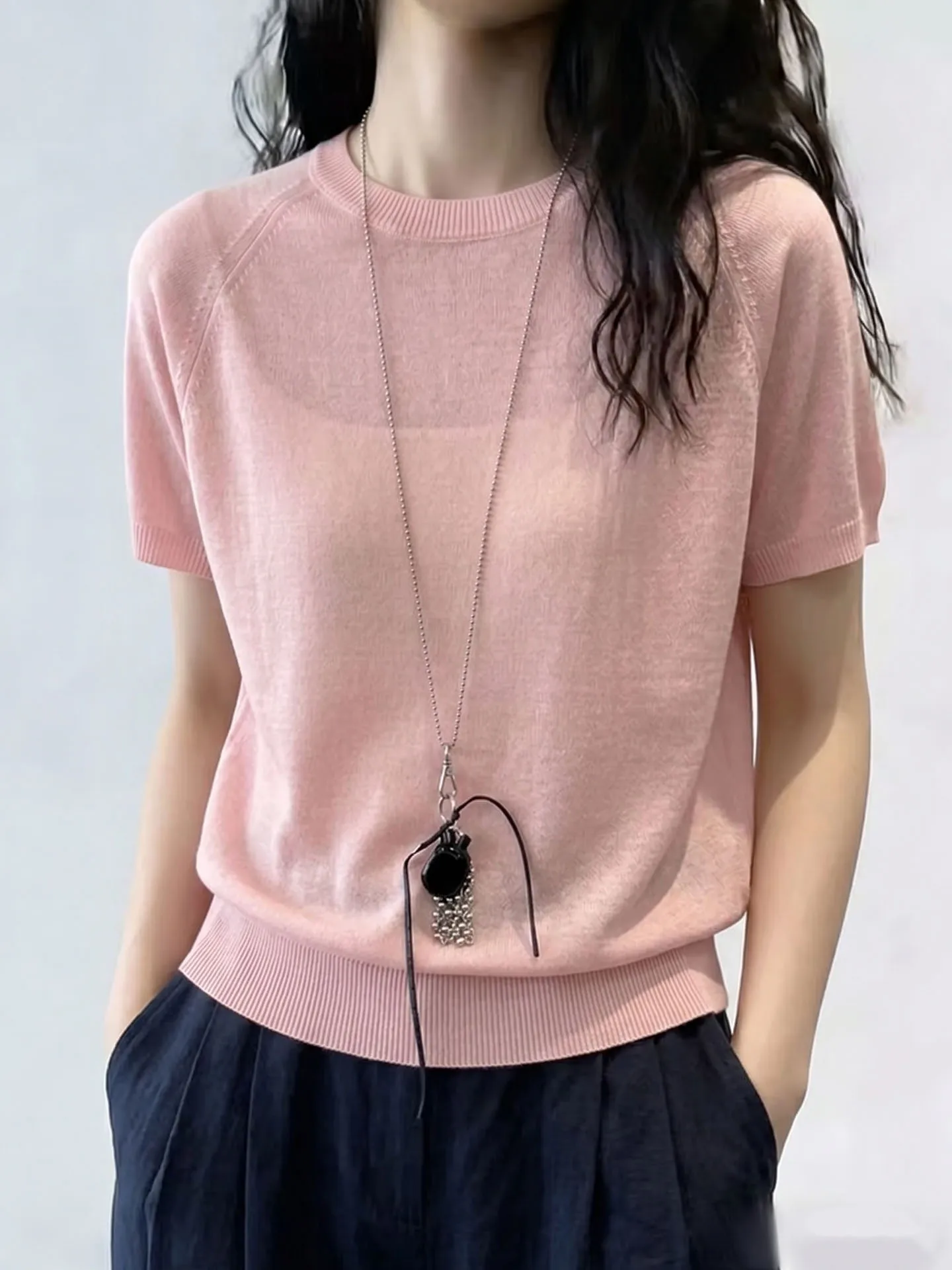 

Ladies Summer Knitted round Neck Short Sleeve Sweater Stylish Pure Color Easy Wear Casual Comfortable Korean Style Top