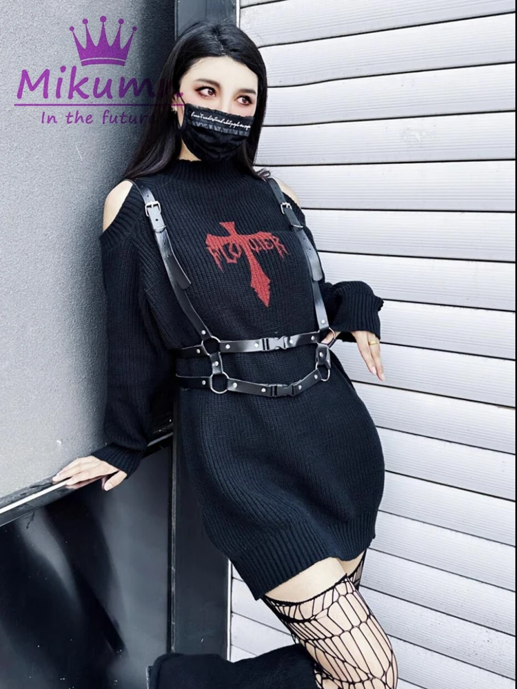 Mikumn Harajuku Gothic Sweater Women Off Shoulder Cross Print Grunge Pullover Y2k Punk Rock Sexy Long Sleeve Black Knitwear