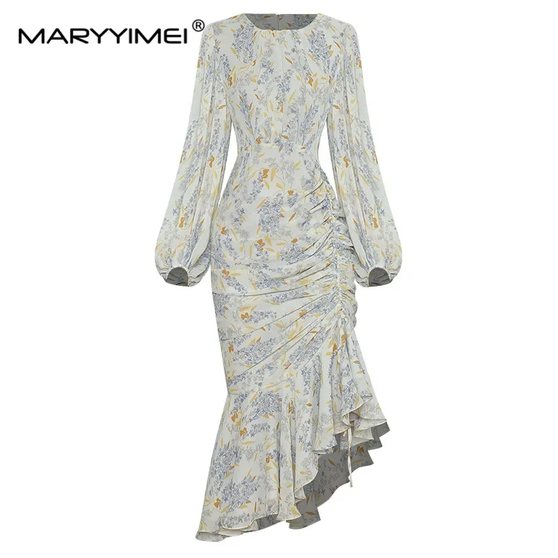 

MARYYIMEI Fashion Designer Summer Irregular Dress Women's Lantern Sleeve Draped Print Holiday Asymmetrical Party Dress