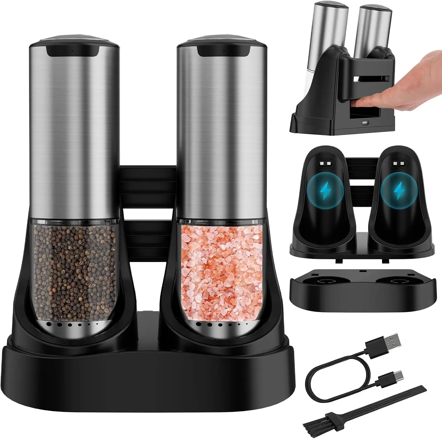 

Electric Salt and Pepper Grinder Set Type-C Fast Charging, Automatic Salt and Pepper Shakers Adjustable Coarseness, Stainless