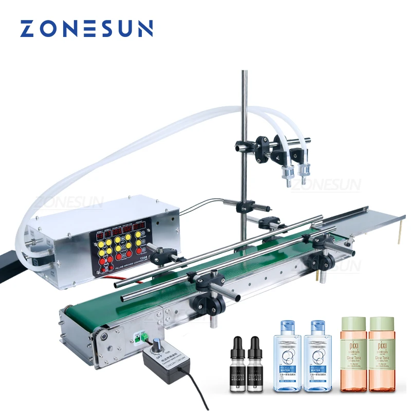 ZONESUN Automatic Double Heads Filling Machine for Small Bottle Perfume Essential Oil Juice Small Business Waterproof Conveyor